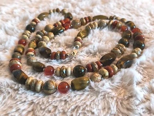 Genuine Semi Precious Stones And Tigers Eye Beads 30" Necklace Sterling Lock - Picture 1 of 4