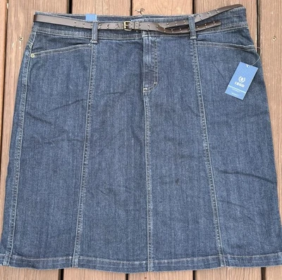 NUEVO CON ETIQUETAS Falda Jean Denim Para Mujer 16 W IZOD con Cinturón Bolsillos Rectos hasta la Rodilla Boho Foto 1 de 4