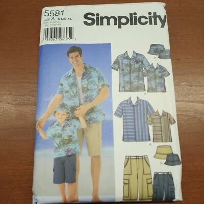 Simplicity 5581 Shirt Shorts Hat Mens: S-XL Boys:S-L Matching Set NEW- Uncut - Image 1 of 4
