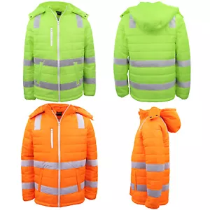 HI VIS Puffer Safety Jacket Reflective Tape Removable Hood Zip Pocket Puffy Coat - Picture 1 of 9