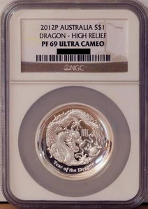 Moneda de plata Australia 2012 alto relieve de 1 dólar a prueba de dragón NGC PF69 - Imagen 1 de 1