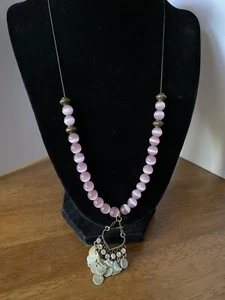 Pink Opalescent Beads with a Rhinestone and Shell Pendant Necklace For Women - Picture 1 of 2
