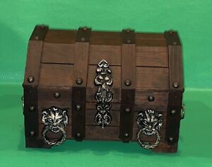 Pirates Treasure Chest Jewelry Box Lion Heads Wood Red liner Vtg 9.5 x7.5 x 6.5”