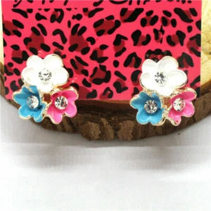 Cute New Gold Crystal Accented Enamel Flower Cluster Stud Earrings w/Omega Backs - Picture 1 of 2