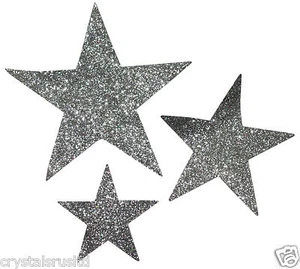 3 Star Silver glitter FABRIC STAR iron-on hotfix patch transfer applique  - Picture 1 of 1