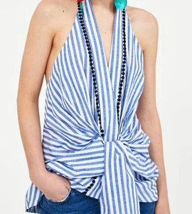 New Zara Stripe Halterneck Tie Waist Pom Pom Detail Top Size Small - Picture 1 of 12