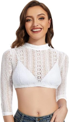 Dirndl Bluse Damen Dirndlbluse Spitze Langarm Weiß Bluse Oktoberfest 32-54 - Bild 1 von 4