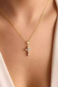 Marquise Cut Lab Created Diamond Cross Pendent Necklace 14k Yellow Gold Plated - Picture 1 of 5