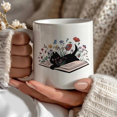 Cute Floral Cat Book Mug, Bookish Coffee Mug, Book Lover Cup, Cat Lover Gift - Image 1 of 4