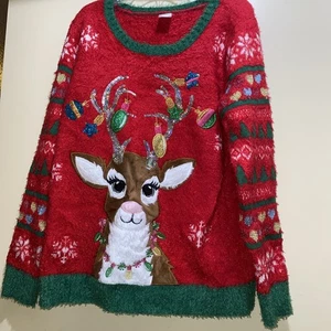 Christmas Sweater XL 14-16 Plus Red Reindeer Lights Ugly Xmas Holiday Time - Picture 1 of 3