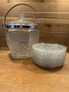 Anchor Hocking Wexford Glass Ice Bucket & Lid & 9 Serving 6” Plates USA - Picture 1 of 16
