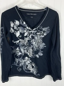 Calvin Klein Women's V-Neck Black Graphic Long Sleeve T Medium - Bild 1 von 14