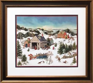 Linda Nelson Stocks "Log Sleigh Winter" FRAMED Art Americana Christmas Dog New - Picture 1 of 3