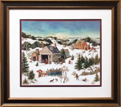 Linda Nelson Stocks "Log Sleigh Winter" 框架艺术 美国 圣诞狗 全新 — 第 1/3 张图片