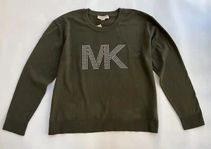 MICHAEL KORS Womens Knit Top Sweater XL Crystal Studded Logo Ivy NWT - Picture 1 of 8