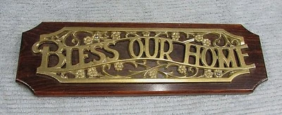 Vintage 80's BLESS OUR HOME Gold Plastic Mounted 3/4" Pine 5x17 Wood Plaque Sign - Image 1 of 2
