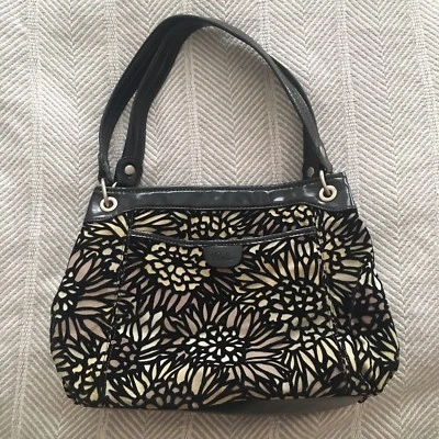 Relic Purse Black Leather and Velvet Outlines Floral Green Tan Purple Hand Bag  - Image 1 of 4