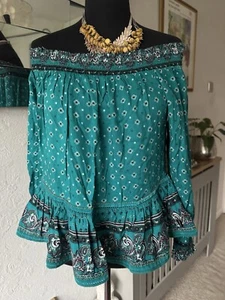 SUPERDRY OFF SHOULDER BARDOT JADE GREEN INDIAN BATIK BOHO TOP -SIZE 10 -NWT - Picture 1 of 6