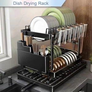 2 Tier Dish Drying Rack Plate Drainer Cutlery Holder Kitchen Organizer Storage - Picture 1 of 16
