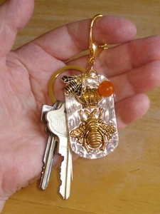 3 3/4" Long Dangle Queen Bee, Fire Agate & Bee Gold & Silver Key Ring for Keys - Picture 1 of 7