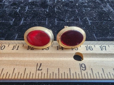 Vintage Cufflink Set Gold Tone Red Glass Gem Used  - Image 1 of 2