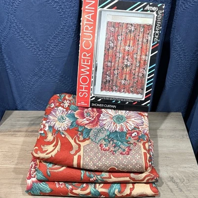 3 cortinas de chuveiro vintage anos 90 AMES Y2K papoula vermelha floral jacobino damasco 100% algodão - Imagem 1 de 4