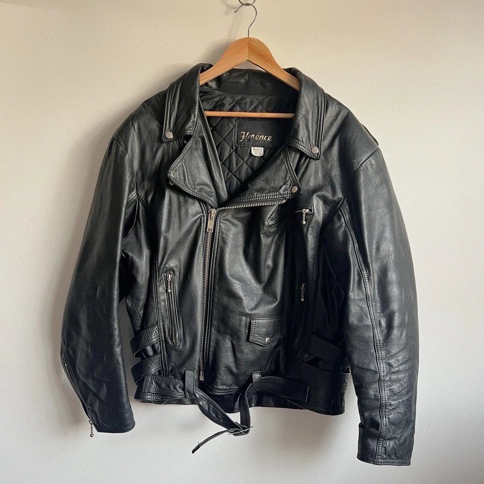 Vintage 80s Leather  Motorcycle Quilted Black  Jacket, Unisex sz XL by Florence - Image 1 of 4
