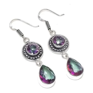 Mystic Topaz Gemstone Handmade 925 Sterling Silver Jewelry Earring Size 2'' - Picture 1 of 1