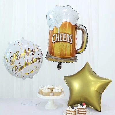 5 WHITE GOLD Round Beer Mug Stars Happy Birthday Mylar Foil BALLOONS Set Party - Image 1 of 4