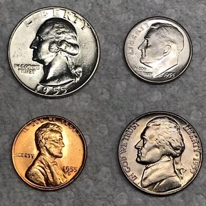 1955-D Gem Uncirculated 4 Coin Set ||| Quarter, Dime, Nickel, Cent, Nice Coins!! - Picture 1 of 4