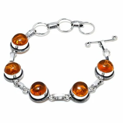 Pulsera hecha a mano de plata 925 con piedras preciosas de ámbar báltico 7-8" Foto 1 de 3