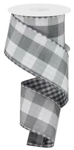 2.5" Gray & White Buffalo Check Wired Ribbon-Double Sided Small & Large- 5 Yards - Picture 1 of 1