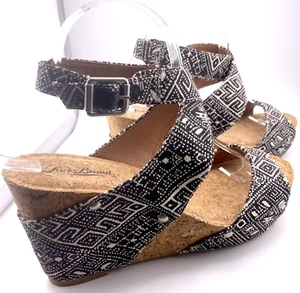 Lucky Wedge Sandal SZ 9 MORAN Cork Platform Ankle Wrap Heel Black White - Picture 1 of 10