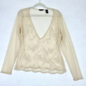 Vintage Embroidered Beaded Sheer Mesh Top Size Large Fairy Long Sleeve V-Neck - Picture 1 of 5