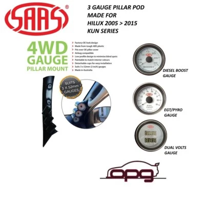 SAAS Pillar Pod Gauge Package for Toyota Hilux KUN 05>15 Boost EGT Volts Gauges - image 1 of 4