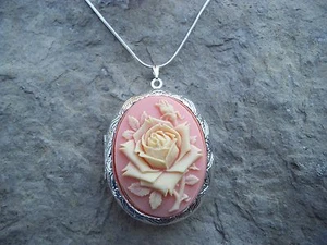 STUNNING CREAM ROSE ON PEACH, CORAL, PINK CAMEO LOCKET NECKLACE!!! QUALITY!!!  - Picture 1 of 5