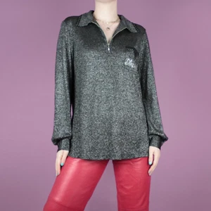VINTAGE 90s 80s Grey Polo Zip Metallic Silver Blouse Shirt Top M 12 14 Medium - Picture 1 of 14