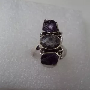 Raw Amethyst black coral 10x8mm sterling silver ring size 9 DMC106 - Picture 1 of 4
