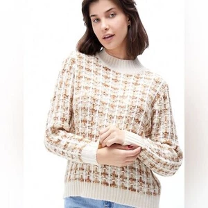 MinkPink Womens Gorgan High Neck Sweater tan cocoa Plaid Size Medium - Picture 1 of 12