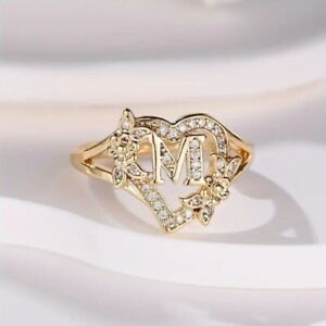 1Ct Round Cut Lab-Created Diamond Heart Letter "M" Ring 14K Yellow Gold Plated