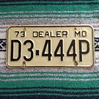 1973 Missouri License Plate - "D3-444P" (black cream) 73 DEALER MO