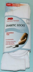 +MD Diabetic Socks White Crew Seamless Toe Large Moisture Wicking - Picture 1 of 2