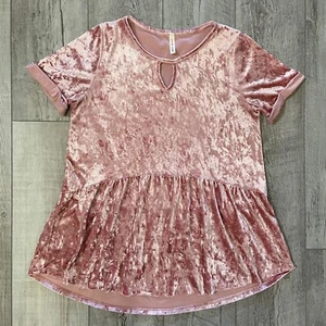 Orange Creek Medium Crushed Velvet Peplum Short Sleeve Blouse Pink - Picture 1 of 6