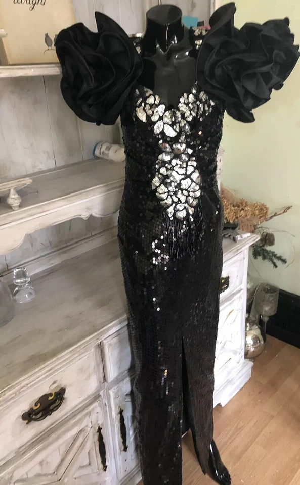 Vintage 80's Long  Sequin HUGE Ruffle STATEMENT Prom Dress AMAZING SZ XXS-XS* - Image 1 of 4
