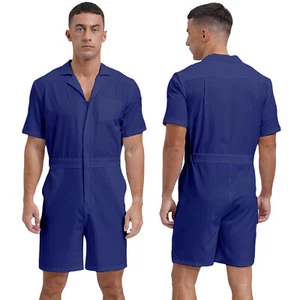 Mens Solid Color Overalls Turn-down Collar Short Sleeve Front Zip Jumpsuit - Picture 1 of 58