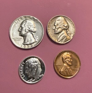 1958 D Cam Gem Proof Lincoln 1c Jefferson 5c Roosevelt 10c Washington 25c - Picture 1 of 2
