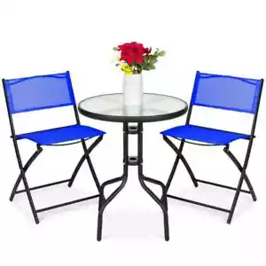 Resort Blue 3-Piece Steel Outdoor Patio Bistro Set with Textured Glass Table Top - Picture 1 of 7