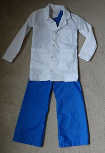 3PC blue short sleeve top& pant srubs w white doctor Lab Coat HALLOWEEN costume - Picture 1 of 9