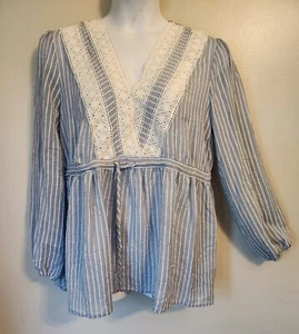Suzanne Betro Blue White Stripe Babydoll Prairie Top Hippie Boho Cottagecore XL - Picture 1 of 7