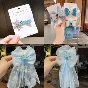 Princess girls Hair clip bowknot Elsa Blue SnowFlake sparkling frozen gift - Picture 1 of 11
